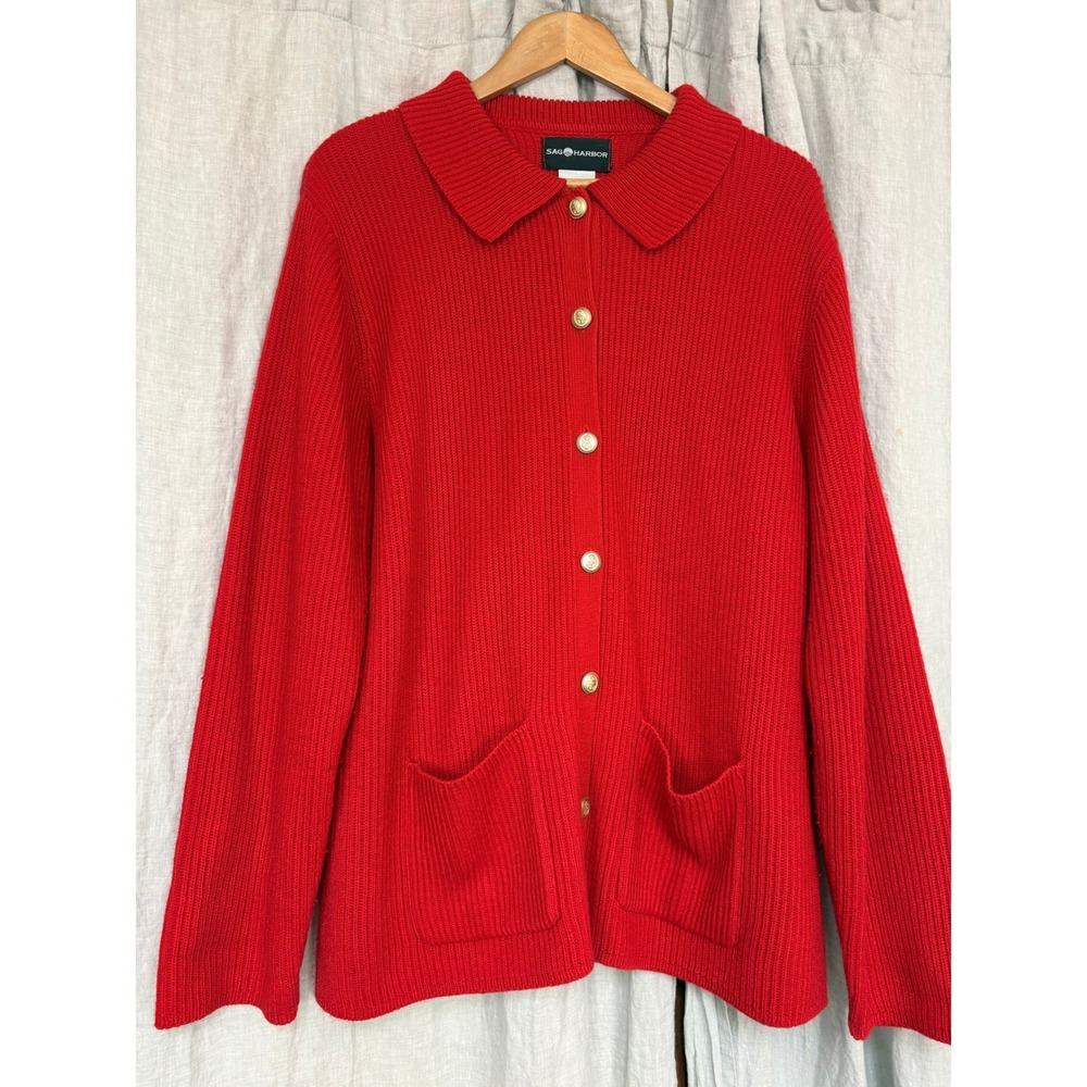 Sag Harbor Red Ribbed Knit Button Front Cardigan Sweater Gold Buttons XL S33436